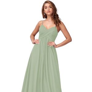 Azazie Shannon dress in dusty sage. Unaltered.